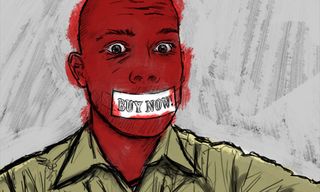 Illustration of a man with a label saying “Buy Now!” taped over his mouth