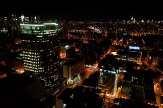 Downtown Brooklyn skyline at nighttime