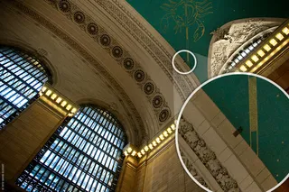 Ceiling of Grand Central Terminal with a dark square patch highlighted