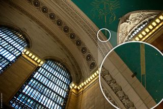 Ceiling of Grand Central Terminal with a dark square patch highlighted