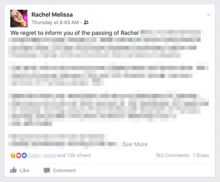 Screenshot of Facebook announcing the death of a user
