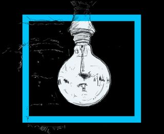Sketch of an incandescent lightbulb surrounded by a blue square