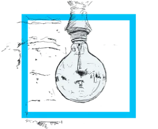 Sketch of an incandescent lightbulb surrounded by a blue square