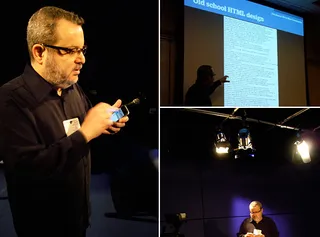Collage of three images of Jeffrey Zeldman giving a presentation